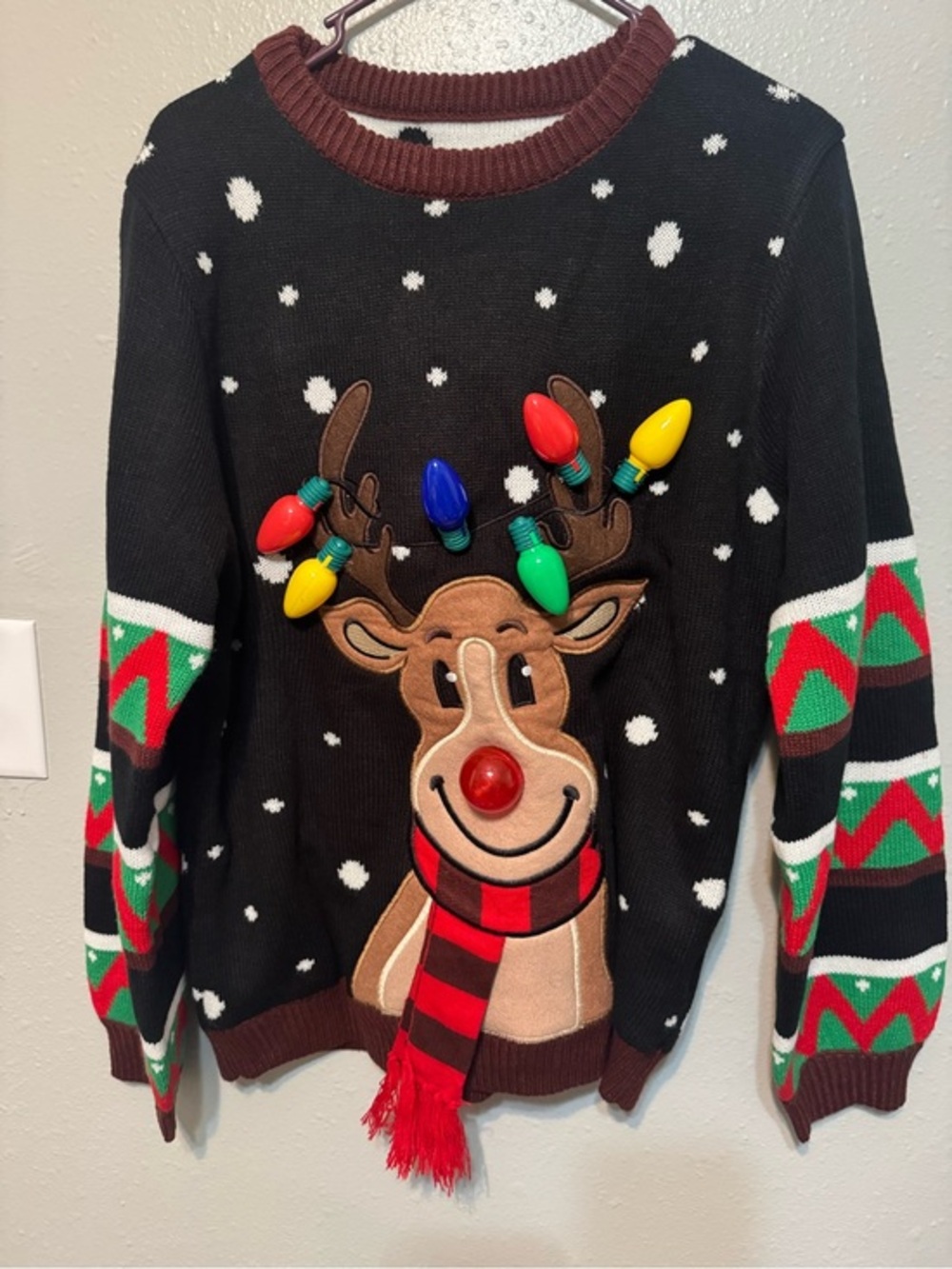 Black Reindeer Light-Up Christmas Sweater with Red Nose